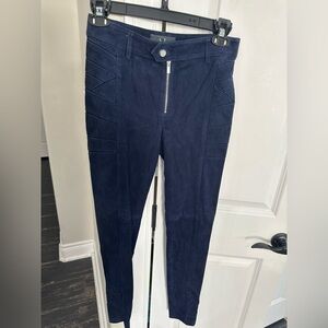 High-Rise Navy Suede Ponte Pants with Front Zip